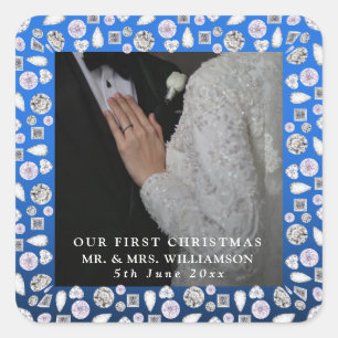 Mr & Mrs First Christmas Photo Wedding Square Sticker
