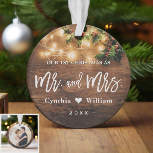 Mr Mrs First Christmas Rustic String Lights Photo Ornament
