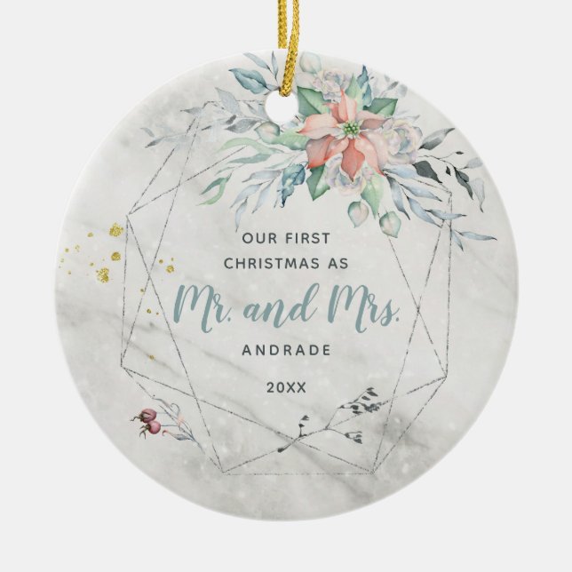 Mr Mrs First Married Christmas 1st Newlywed Photo  Ceramic Ornament (Front)