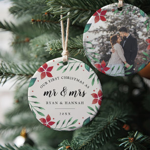 Mr. & Mrs.   First Married Christmas Photo Ceramic Ornament