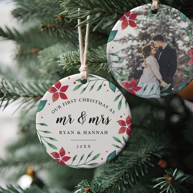 Mr. & Mrs. | First Married Christmas Photo Ceramic Ornament (Creator Uploaded)