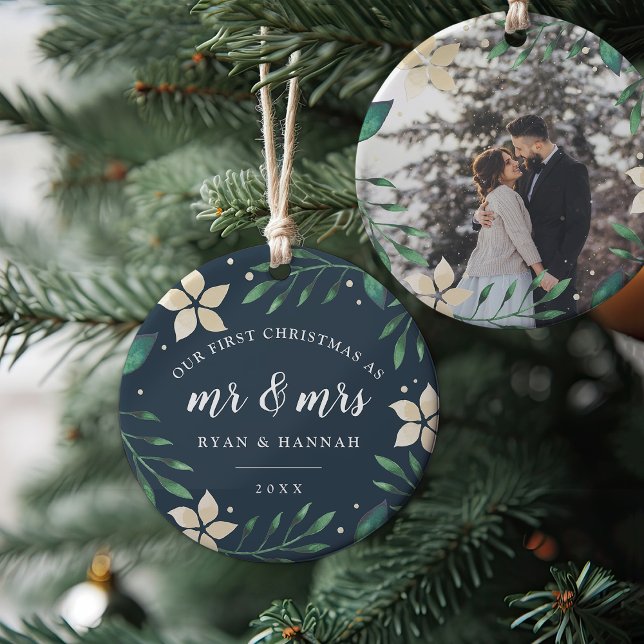 Mr. & Mrs. | First Married Christmas Photo Ceramic Ornament (Creator Uploaded)