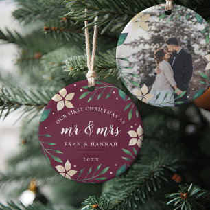 Mr. & Mrs. First Married Christmas Photo Ceramic Ornament