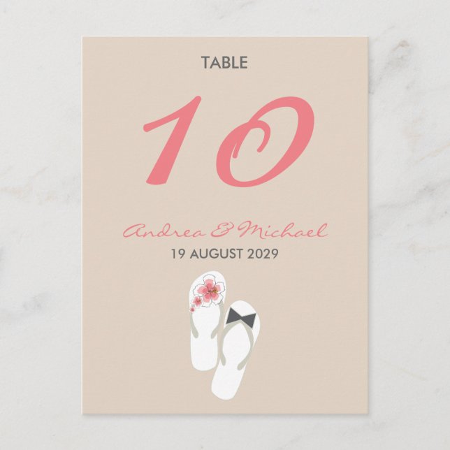Mr & Mrs Flip Flops Wedding Table Number Card (Front)