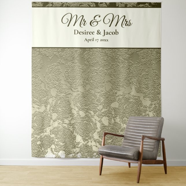 Mr & Mrs Floral Elegant Sage Green Ivory Backdrop Tapestry (In Situ)