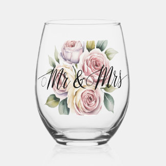 Mr & Mrs Floral Script  Stemless Wine Glass