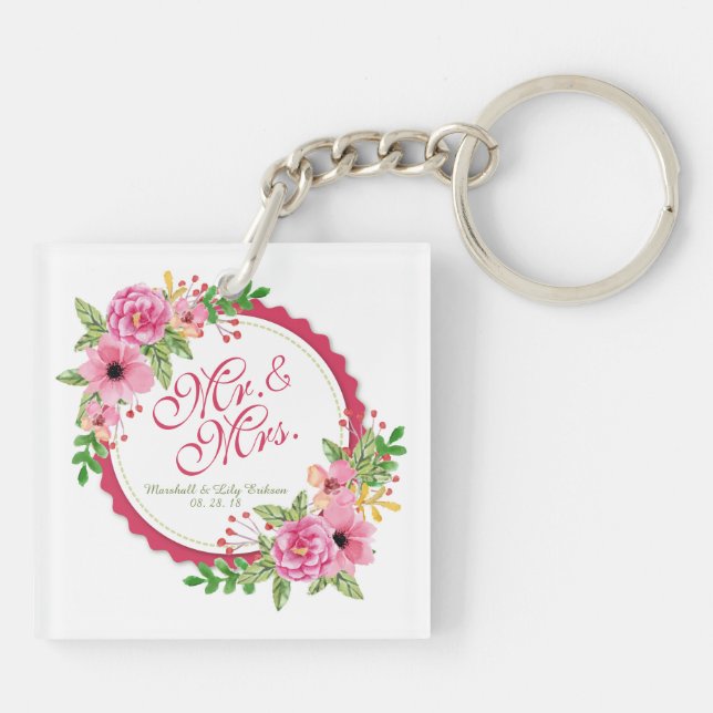 Mr. & Mrs. Floral Watercolor Wedding Keychain (Back)