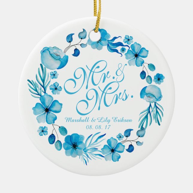 Mr. & Mrs. Floral Watercolor Wedding | Ornament (Front)