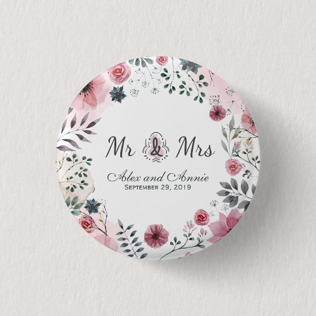 Mr. & Mrs. Floral Watercolor Wedding | Pin Button (Front)