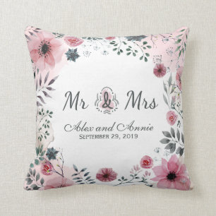 Mr. & Mrs. Floral Watercolor Wedding Throw Pillow