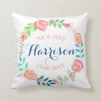 Mr & Mrs Floral Wedding Cushion Watercolour Gift