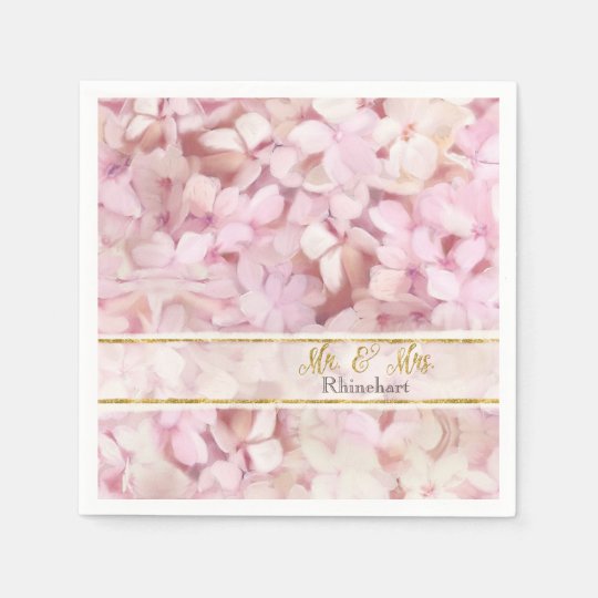 Mr. & Mrs. Gold Faux Glitter Pink Hydrangea Floral Paper Napkins