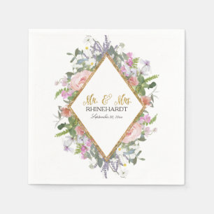 Mr. & Mrs. Gold Faux Glitter Wildflower Floral Art Napkin