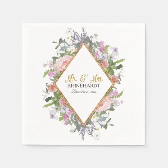 Mr. & Mrs. Gold Faux Glitter Wildflower Floral Art Paper Napkin
