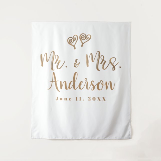 MR. & MRS. Gold Script Typography Modern Minimal Tapestry (Front)