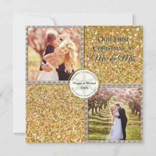 Mr. & Mrs. Gold Shimmering Glitter Christmas Photo Holiday Card