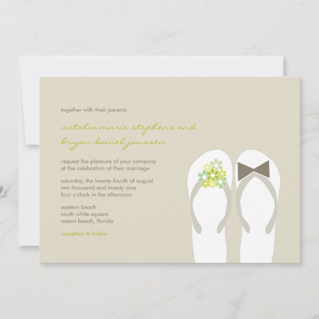 Mr & Mrs Green Flip Flops Beach Wedding Invite (Front)