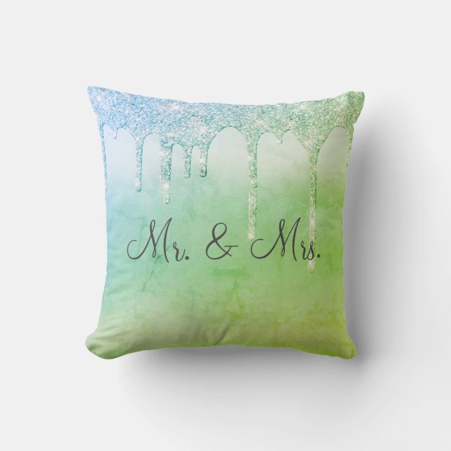 Mr. & Mrs Green Glitter Keepsake Elegant Throw Pillow (Front)