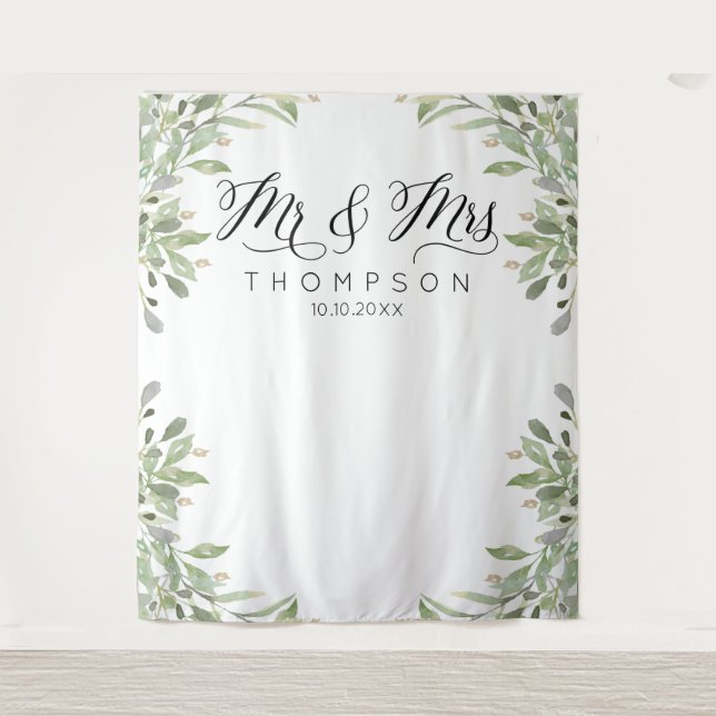 Mr & Mrs Greenery wedding banner Tapestry (Front)
