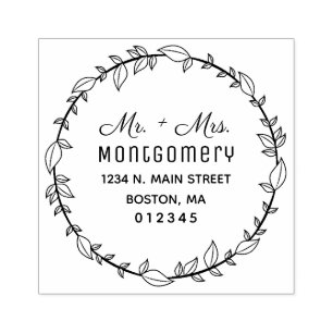 Mr. & Mrs. Greenery Wreath Return Address Rubber Stamp