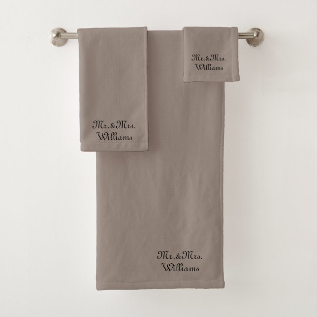 Mr. & Mrs. greige Custom script Couple's name Bath Towel Set (Insitu)