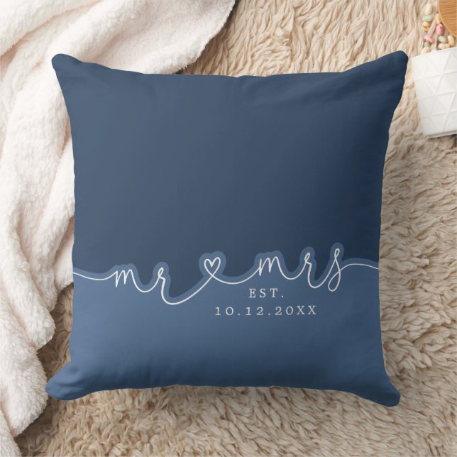 Mr Mrs Heart Script Dusty Blue Wedding Pillow (Blanket)