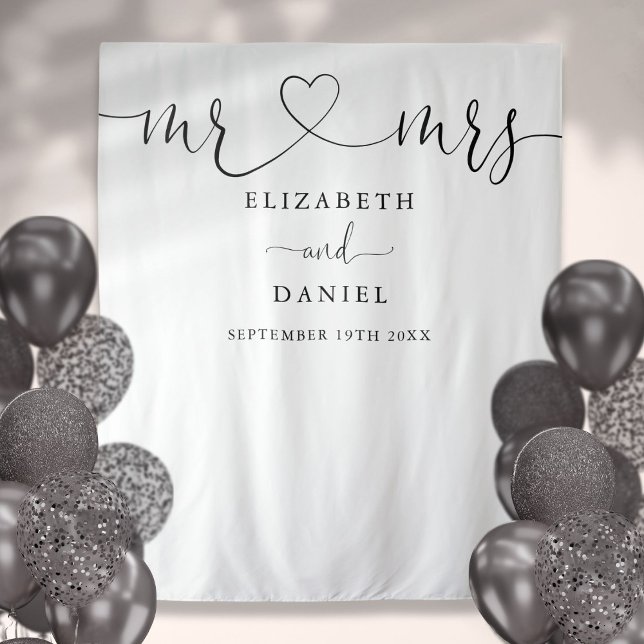 Mr Mrs Heart Script Wedding Photo Booth Backdrop Tapestry (Mr Mrs Heart Script Wedding Photo Booth Backdrop)