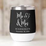 Mr Mrs Hearts Black White Wedding<br><div class="desc">Custom black thermal tumbler to celebrate your wedding or anniversary featuring "Mr & Mrs" in a large elegant white script and a white illustration of two hearts joined together. Add your name and wedding date in elegant white typography. You can change the background colour if desired by editing in the...</div>