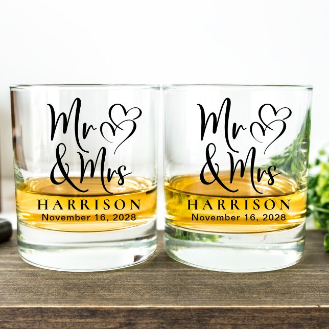 Mr Mrs Hearts Bride Groom Wedding  Whiskey Glass (Creator Uploaded)