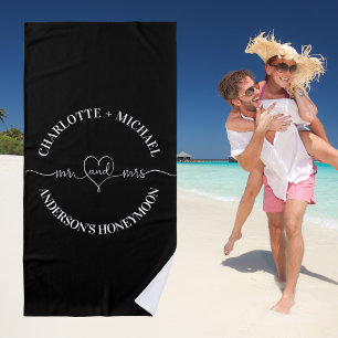 Mr mrs honeymoon black white newlyweds beach towel