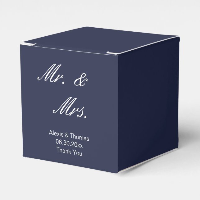 Mr. & Mrs. in White Script Midnight Blue Wedding Favor Box (Front Side)