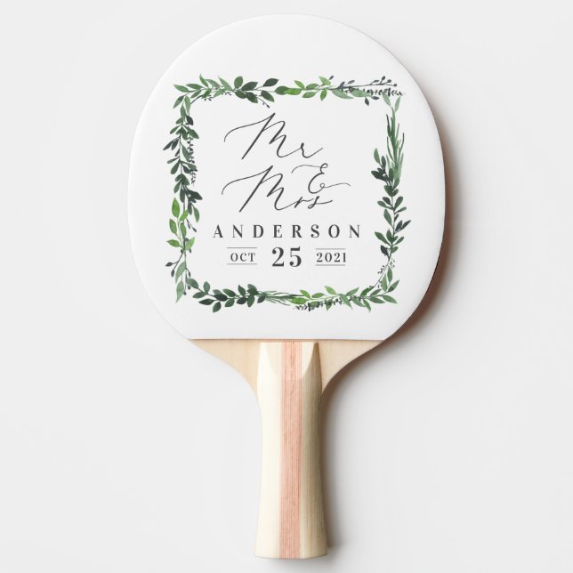 Mr & Mrs leafy watercolor elegant Ping Pong Paddle (Front)