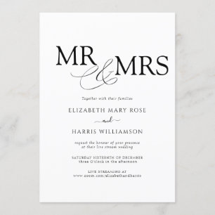 MR & MRS Live Stream Modern Black White Wedding Invitation