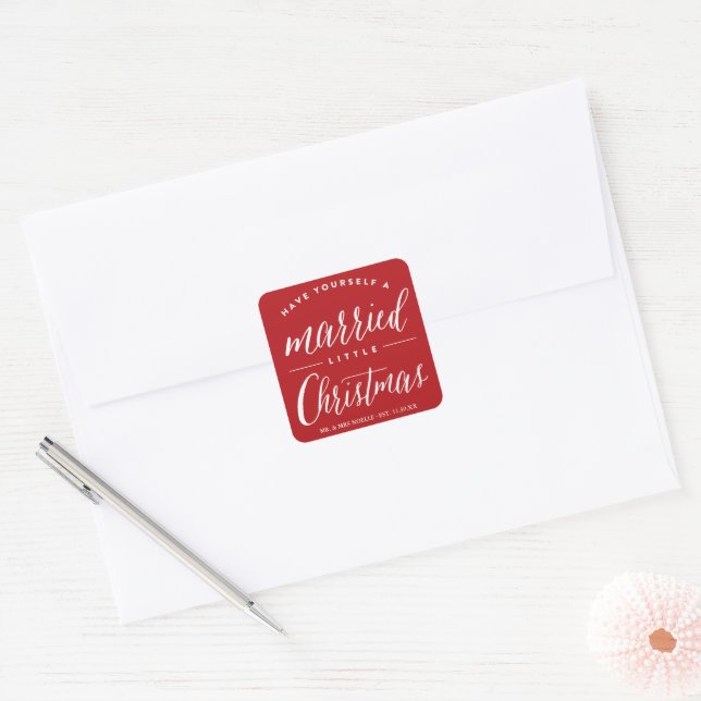 Mr & Mrs Married Little Christmas Holiday Wedding Square Sticker (Envelope)