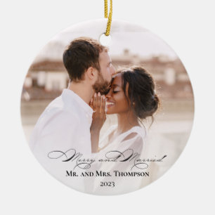Mr. Mrs. Married Merry Photo Our First Christmas Ceramic Ornament