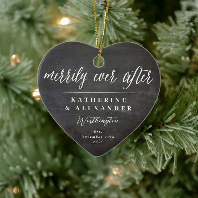 Mr & Mrs Merrily Ever After Holiday Wedding Photo Ceramic Ornament (Tree)