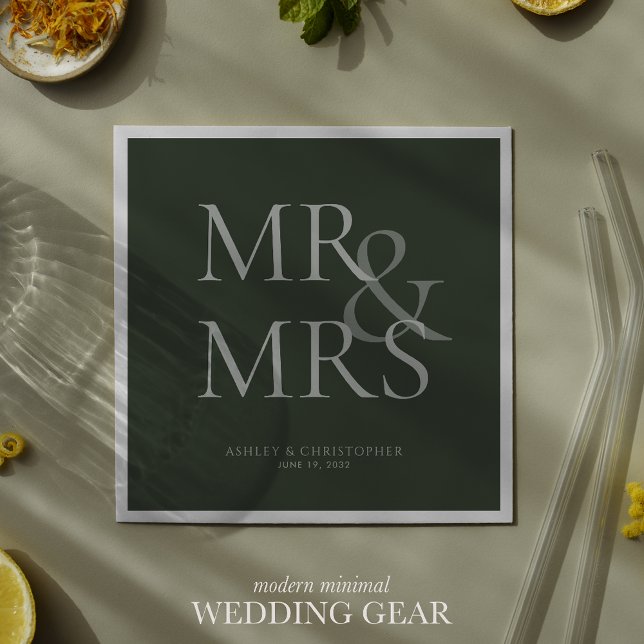 MR&MRS Minimal Typographic Moss Green Cocktail Napkin (Creator Uploaded)