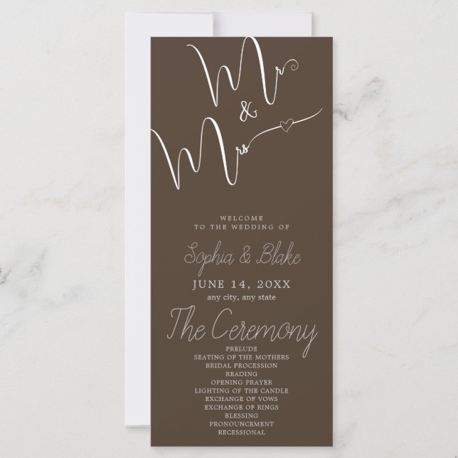 Mr & Mrs Minimalist Cedar Brown Wedding Program (Front)