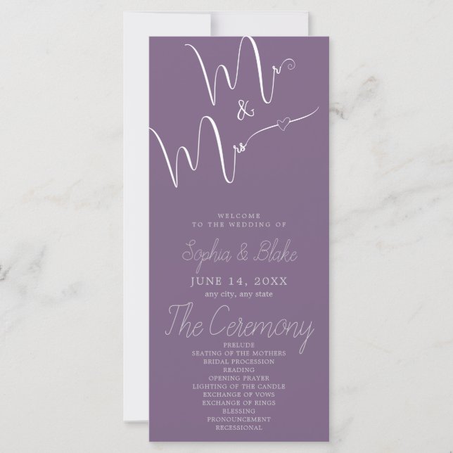 Mr & Mrs Minimalist Faded Purple Wedding Program (Front)