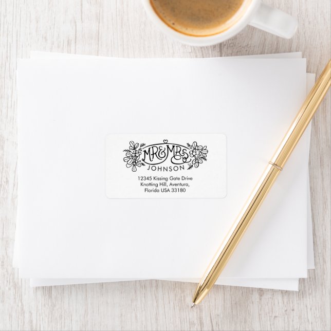 Mr & Mrs mistletoe drawing reply address labels (Insitu)