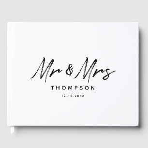 Mr. & Mrs. Modern Black White Script Wedding Guest Book
