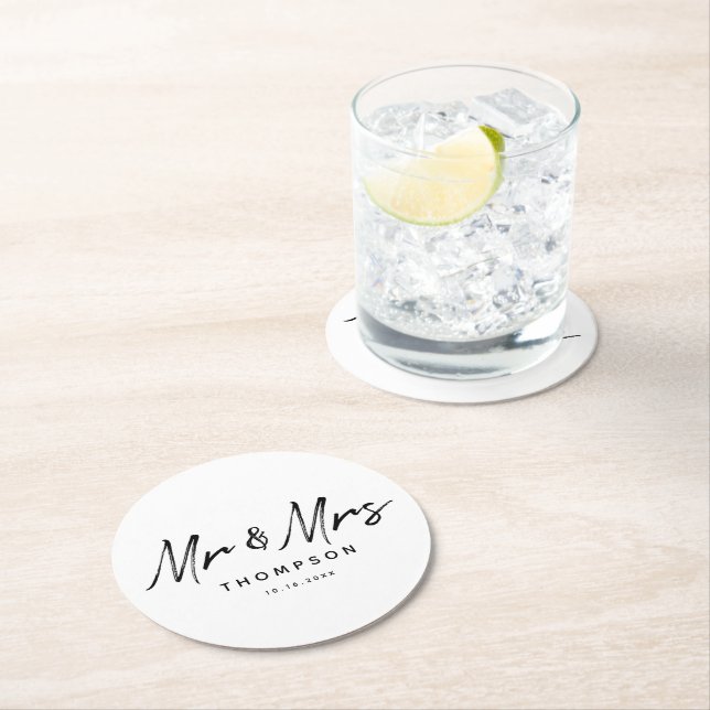 Mr. & Mrs. Modern Black White Script  Wedding  Round Paper Coaster (Insitu)