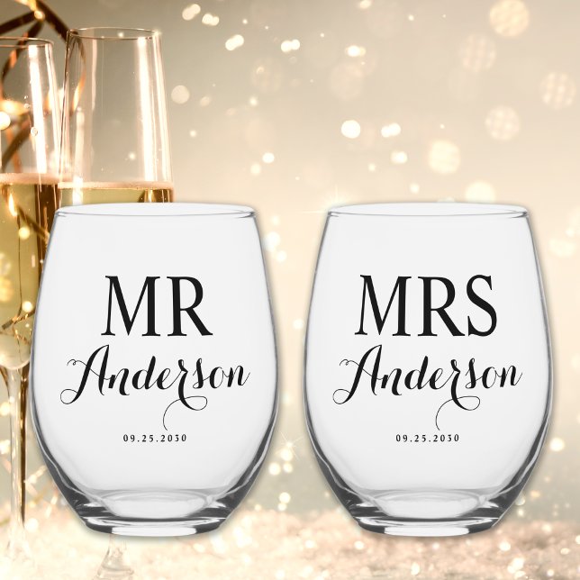 Mr & Mrs Modern Elegant Custom Name Date Wedding  Stemless Wine Glass (Creator Uploaded)