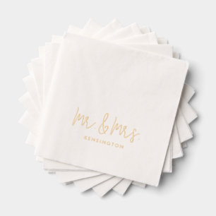 Mr & Mrs Modern Script Custom Name Wedding Gold Foil Napkins