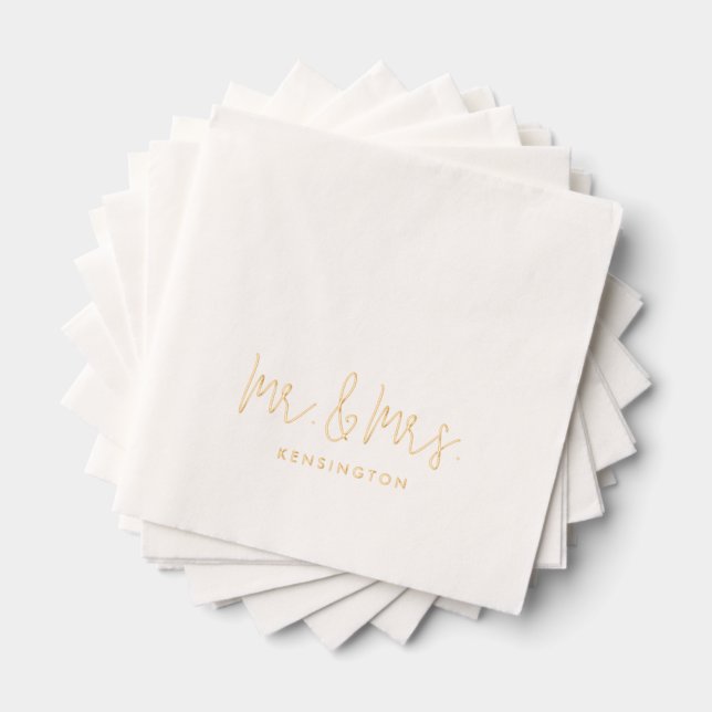 Mr & Mrs Modern Script Custom Name Wedding Gold Foil Napkins (Insitu (Stacked))