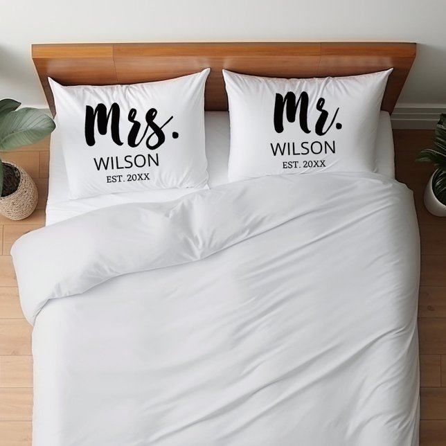 Mr & Mrs Modern Script Wedding Anniversary Couple Pillowcase (Creator Uploaded)