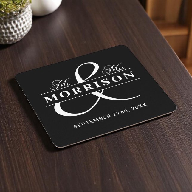 Mr Mrs Monogram Black White Wedding  Square Paper Coaster (Creator Uploaded)