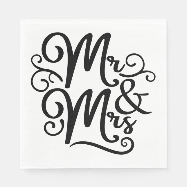 Mr & Mrs Monogram Wedding Just Married Black White Napkin (Front)