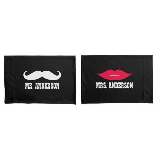 Mr & Mrs Moustache and Lips Wedding Couple Pillowcase (Front-Set)