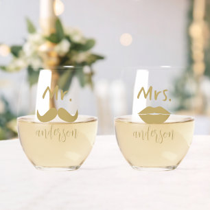 Mr & Mrs. Moustache Lips Personalized Wedding  Stemless Wine Glass